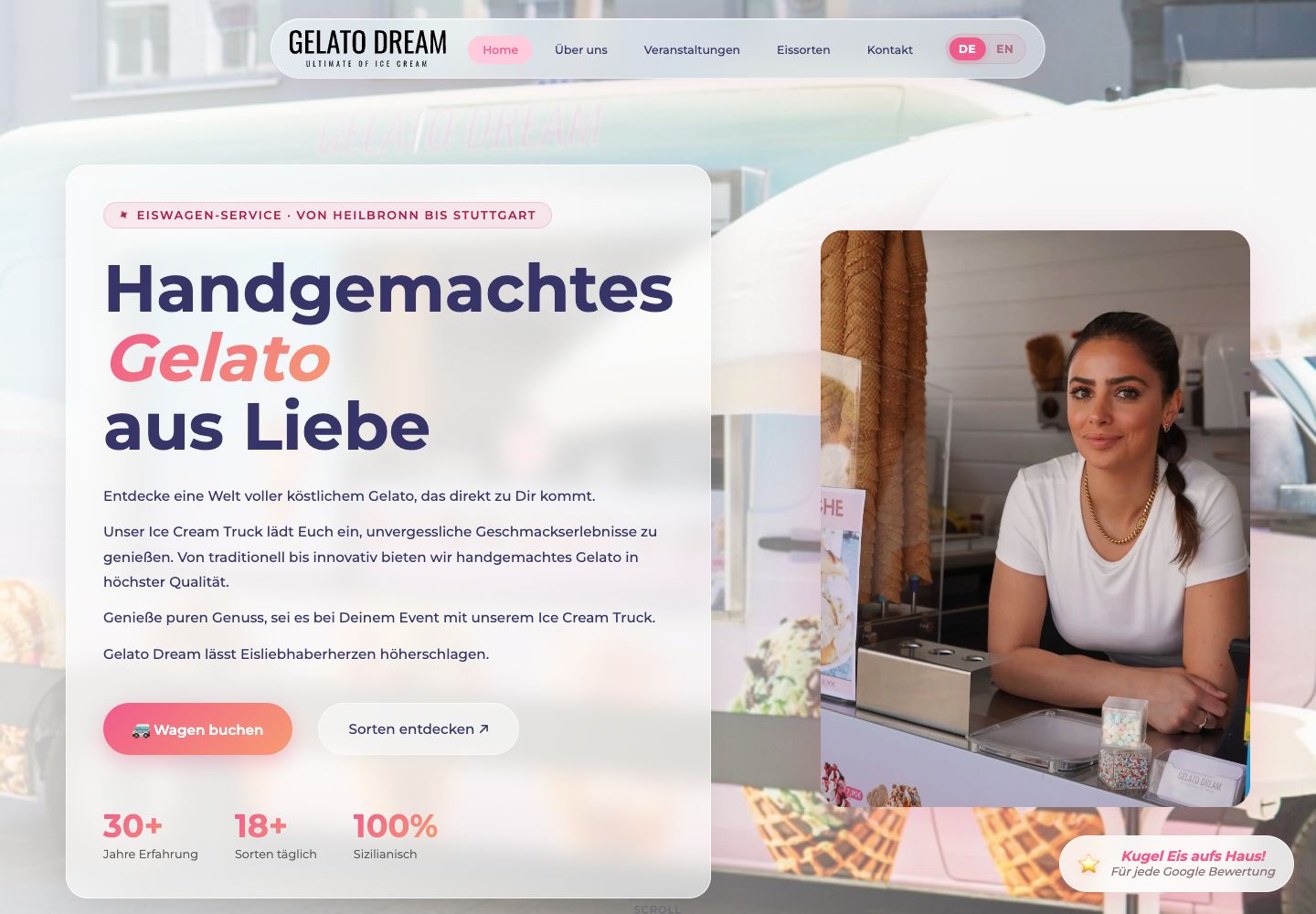 Echter Screenshot der Gelato Dream Website